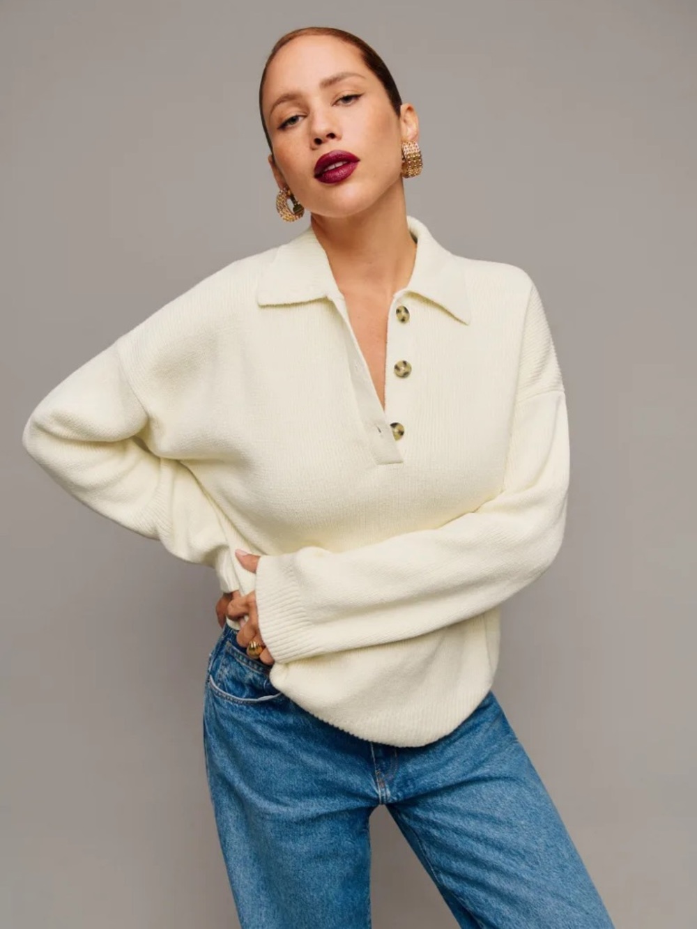Reformation Brooklyn Cotton Collared Ivory Cream Button Pullover Henley Sweater